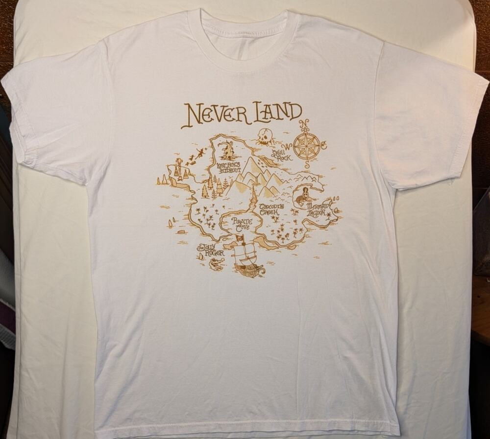 Disney Neverland Map T Shirt Adult Sz L White Tan Peter Pan Lost Boys Fun Retro